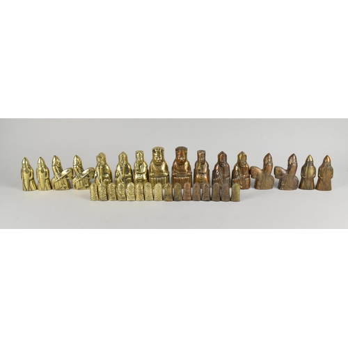 157 - A Heavy Cast Brass Set of Chess Pieces Weighing 9.8Kgs, Kings 10cms High