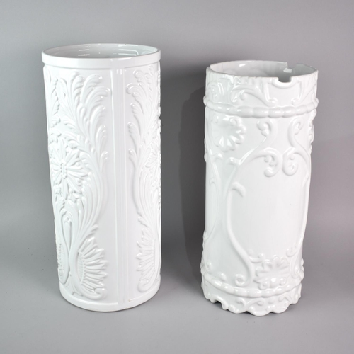 165 - Two Late 20th Century White Glazed Stick Stands of Cylindrical Form with Floral Decoration, 21cms Di... 