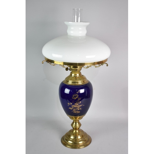 183 - A Modern Table Lamp in the Form of an Oil Lamp with Cobalt Blue Ceramic Body, 73cms High Overall