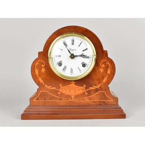 19 - A Late 20th Century Inlaid Mantel Clock by Rapport, 20cms High, with key