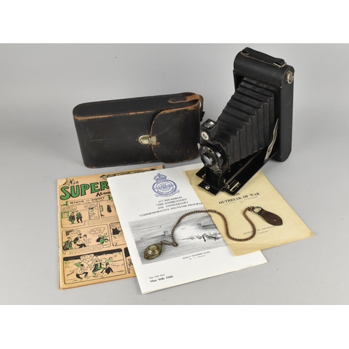 209 - A Vintage Folding Kodak No 3 Pocket Camera, a Compass/Magnifying Glass on Chain Lanyard and Booklets... 