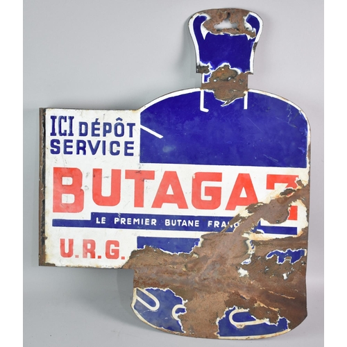 221 - A Vintage and Somewhat Distressed French Enamel Double Sided Sign for Butagaz, 60cms High