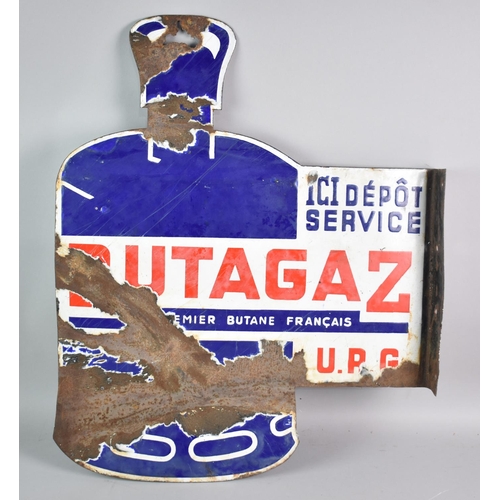 221 - A Vintage and Somewhat Distressed French Enamel Double Sided Sign for Butagaz, 60cms High