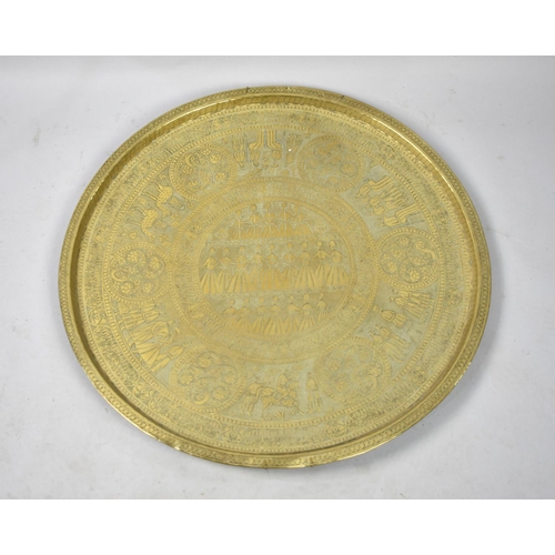 228 - A Large Indian Benaries Tray Top with Engraved Decoration, 68cms Diameter