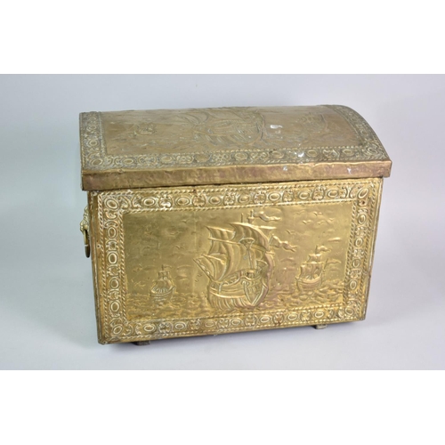 256 - A Mid 20th Century Brass Arch Top Coal Box Decorated with Galleon, 40cms Wide