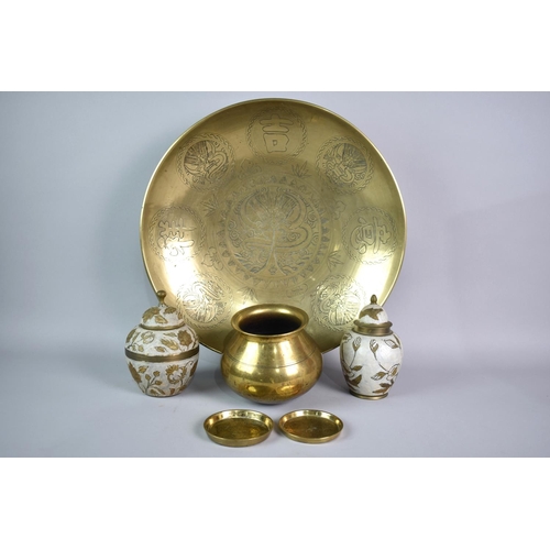 259 - An Indian Brass Shallow Bowl, a Singing Brass Vase, Two Modern Lidded Vases Etc