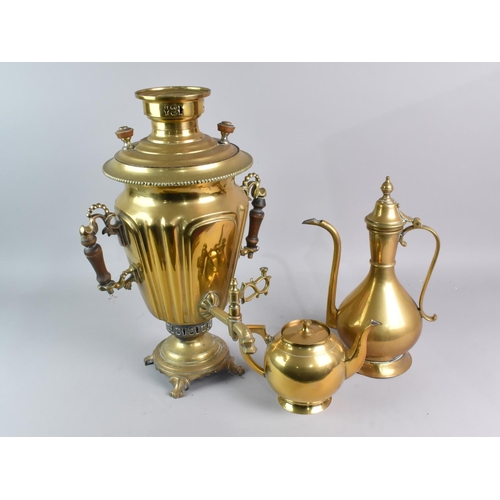 276 - An Early 20th Century Brass Russian Two Handled Samovar together with a Later Brass Teapot and Coffe... 