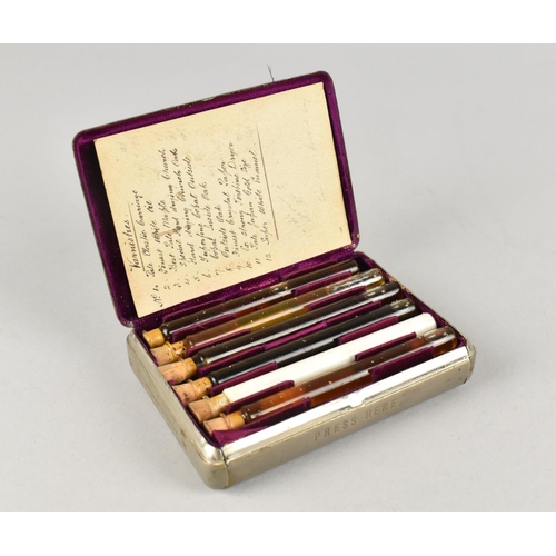 28 - A Mid 19th Century Metal Cased Set of Twelve Sample Varnishes in Glass Tubes with Cork Stoppers, Ann... 