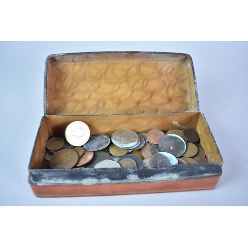 3 - An Italian Tooled Leather Box Containing British and Foreign Coins, Hinged Lid with Armorial Decorat... 