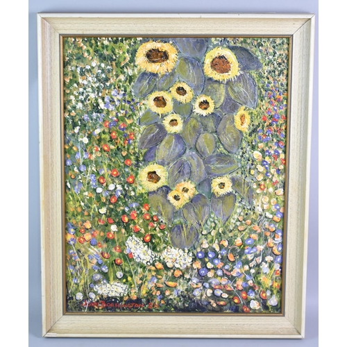 314 - A Framed Oil on Board Signed John Borrington 88, Sunflowers For Freda, Subject 40x50cm