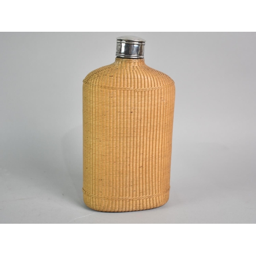 33 - A Large Cane Covered Glass Flask with Silver Plated Top and Inner Stopper, 20.5cms High