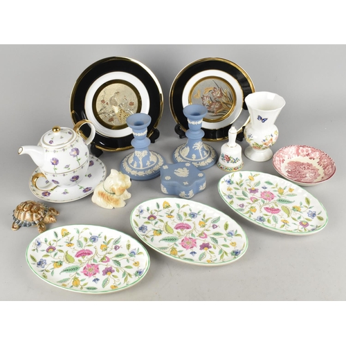 351 - A Collection of Various Ceramics to Comprise Wedgwood Jasperware Candlesticks, Lidded Box, Minton Ha... 