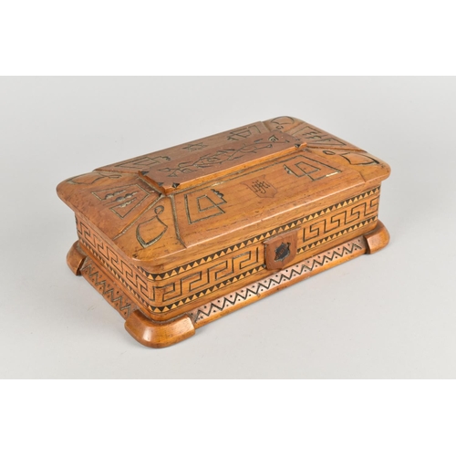 4 - A Mid 20th Century Carved Olive Wood Work Box with Hinged Lid Monogrammed MMJ, 27.5cms Wide