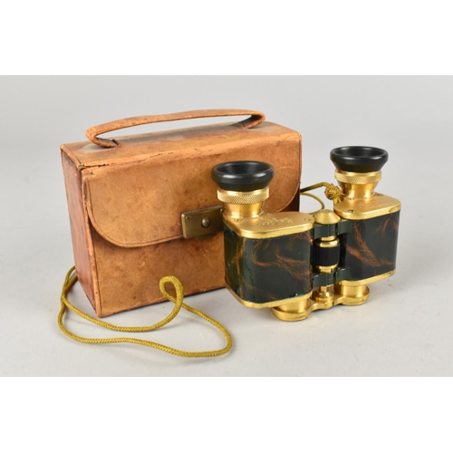 5 - A Vintage Leather Cased Pair of Gilt Brass Opera Glasses Inscribed Voigtlander Perkeo 3x, Serial Num... 