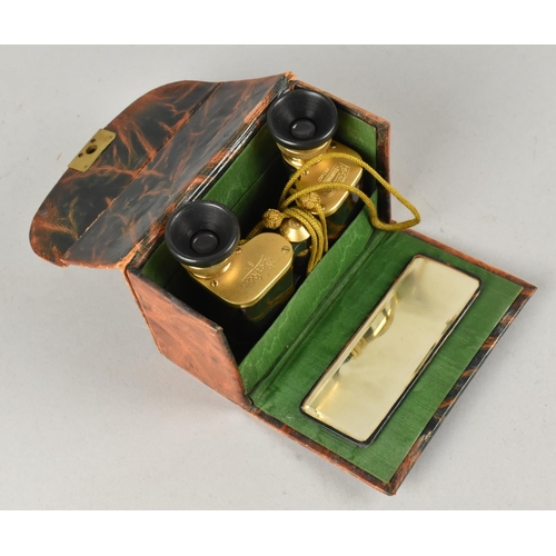 5 - A Vintage Leather Cased Pair of Gilt Brass Opera Glasses Inscribed Voigtlander Perkeo 3x, Serial Num... 