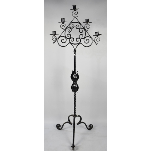 546 - A Modern Black Painted Wrought Iron Five Branch Candle Stand on Tripod Support, 160cms High