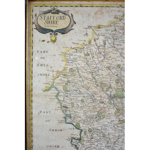 101 - A Framed Robert Morden Map of Staffordshire, Foxed, 36x43cms