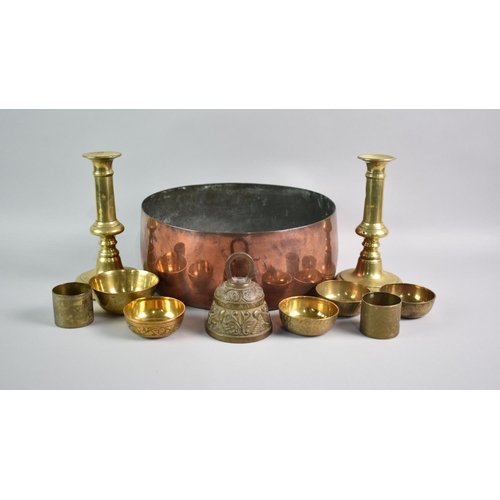 127 - A 19th Century Copper Bowl, Pair of Brass Candlesticks, Counter Bell and a Collection of Modern Bras... 