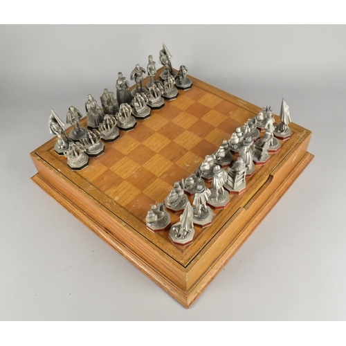 128 - The Armada Chess Set by Danbury Mint in Wooden Case with Chessboard Lid, Pewter Pieces