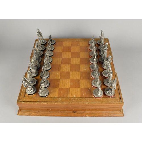 128 - The Armada Chess Set by Danbury Mint in Wooden Case with Chessboard Lid, Pewter Pieces