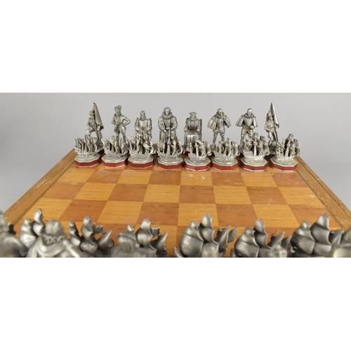 128 - The Armada Chess Set by Danbury Mint in Wooden Case with Chessboard Lid, Pewter Pieces