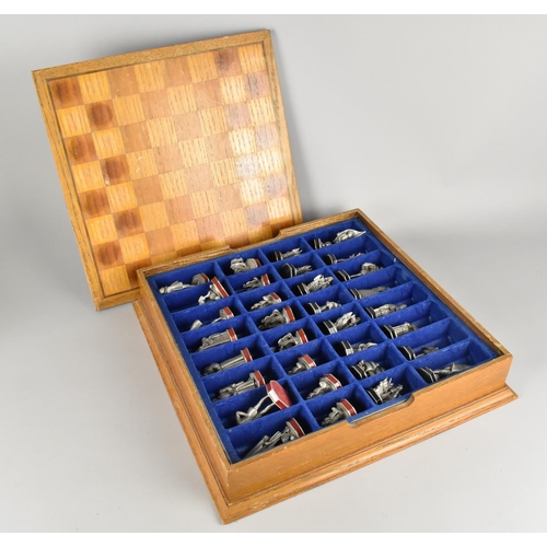 128 - The Armada Chess Set by Danbury Mint in Wooden Case with Chessboard Lid, Pewter Pieces