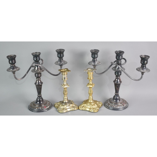 133 - A Pair of Mid 20th Century Silver Plated Three Branch Candelabra and a Pair of Later Candlesticks, 2... 