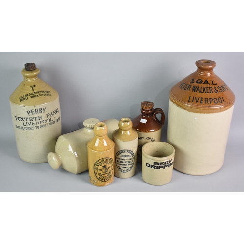 135 - A Collection of Brewers Stoneware Bottles with Printed Labels for Liverpool, Ruthin and Preston Etc