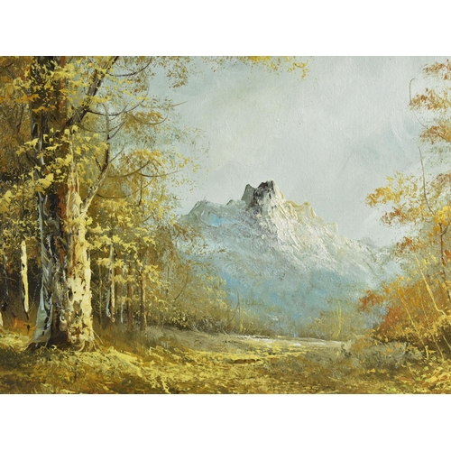 143 - A Large Gilt Framed Oil on Board, Autumn Alpine Scene, 60x49cms