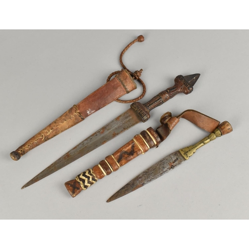 2 - Two African Trial Daggers with Animal Skin Scabbards, Longest 30cms