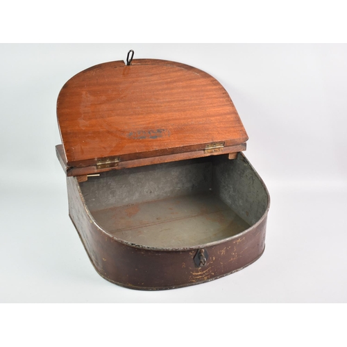 29 - A Brown Toleware Container with Hinged Mahogany Top and Sloping Lid, 46cms Wide and 20cms High