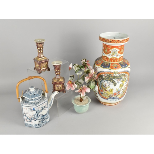 301 - A Collection of Various Oriental Items to Comprise Teapot, Japanese Satsuma Candlesticks, Vase etc