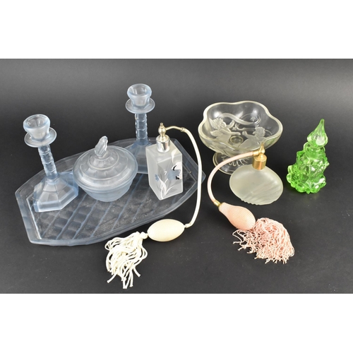 311 - A Collection of Glass Dressing Table Items to Comprise Frosted Glass Three Piece Set, Vaseline Glass... 