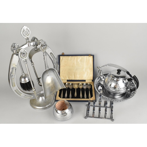 314 - A Collection of Metalwares to Comprise Fire Companion Set, Cased Spoons, Toast Rack etc