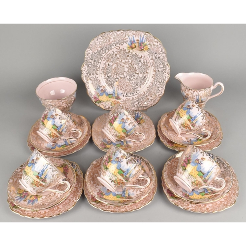 315 - A Colclough Pink Ground Crinoline Lady Decorated Tea Set to Comprise Six Cups, Five Saucers, Six Sid... 