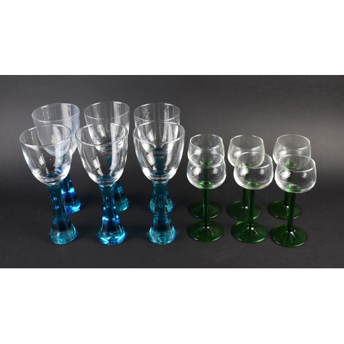 332 - A Set of Six Blue Stemmed Wine Glasses and Set of Six Green Stemmed Glasses