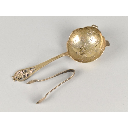 345 - A Silver Tea Straining Spoon by Viner's Ltd (Emile Viner) with Pierced Floral Finial, 14cm Long Toge... 