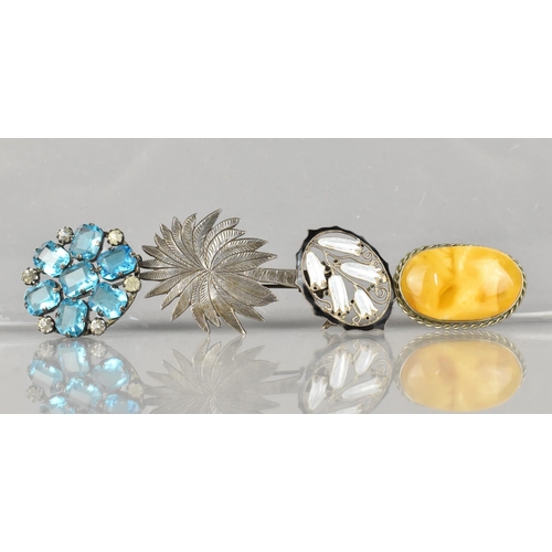 360 - Four Vintage Silver and White Metal Mounted Brooches to include Large Amber Mounted Example (36.4mm ... 