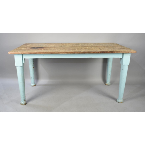 436 - A Late Victorian Scrub Top Rectangular Kitchen Table on Blue Painted Base, 152cms by 84cms, Remnants... 