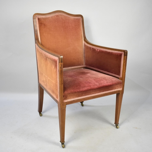 437 - An Edwardian String Inlaid Mahogany Framed Salon Armchair