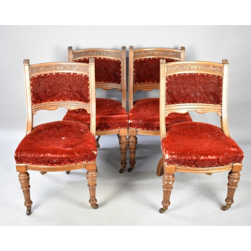 439 - A Set of Four Edwardian Carved Framed Velvet Upholstered Side Chairs for Reupholstery