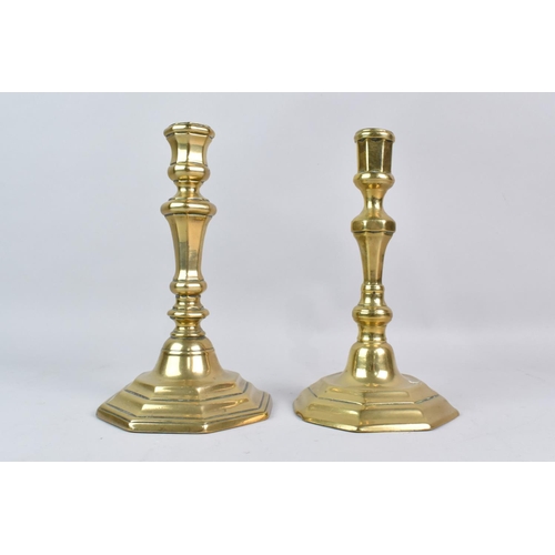 453 - A Near Pair Georgian Brass Candlesticks, 20cms High