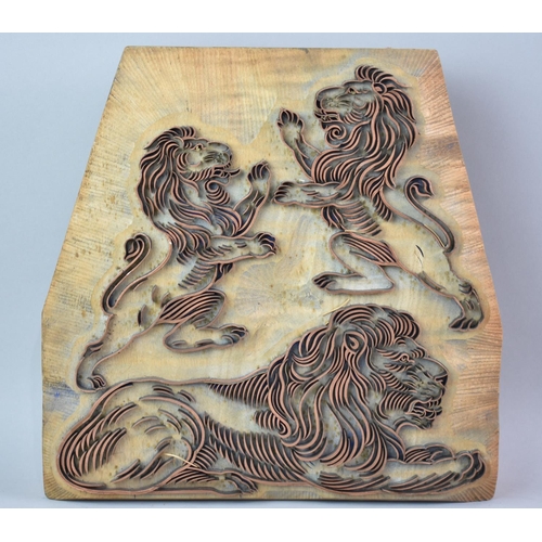 63 - A Modern Wooden and Copper Printing Block Depicting Three Lions, 28cms Square