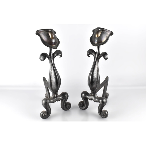 96 - A Pair of English Early 20th Century Art Nouveau/Arts and Crafts Influenced Wrought Iron Andirons, S... 