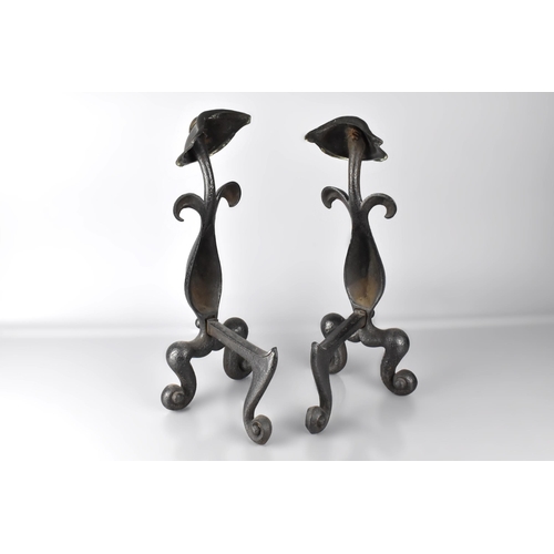 96 - A Pair of English Early 20th Century Art Nouveau/Arts and Crafts Influenced Wrought Iron Andirons, S... 