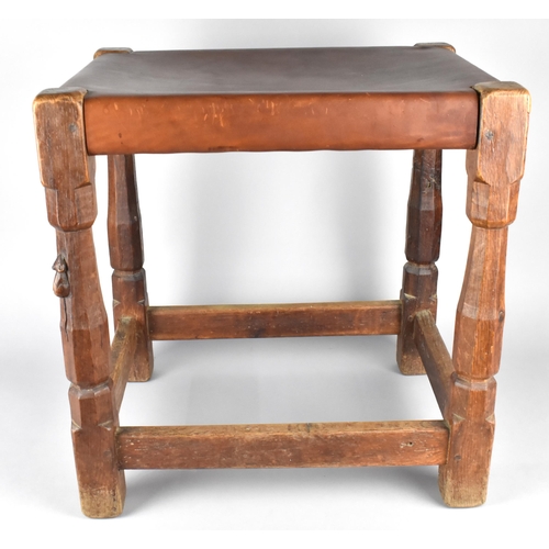 20 - Robert Thompson of Kilburn (1876-1955) Mouseman Oak Stool with Leather Seat, 44x34x46.5cm