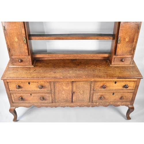 230 - A George III Oak Crossbanded Dresser Having Open Plate Rack with Three Central Shelves Flanked by Tw... 