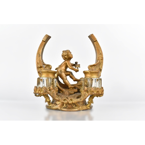 83 - A Late 19th Century/Early 20th Century French Gilt Metal Inkstand Modelled as a Horseshoe with Seate... 