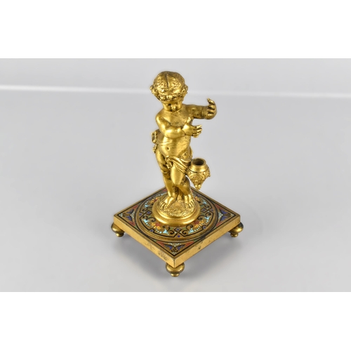 84 - A Late 19th/Early 20th Century French Ormolu Mounted and Champleve Enamel Cherub Pen Holder, the Che... 