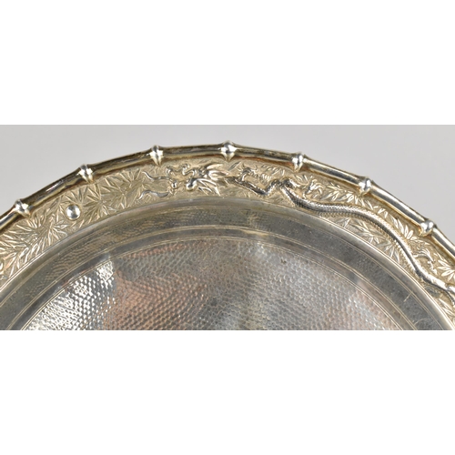 126 - An Early 20th Century Silver Chinese Export Presentation Tray with Bamboo Stylised Trim and Dragons ... 